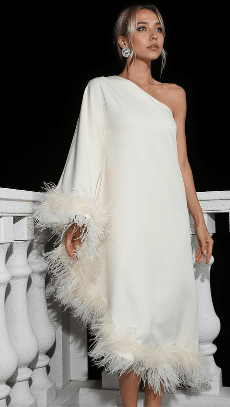 ABITO MIDI MONOSPALLA CON BORDI IN PIUME CERIDWEN BIANCO