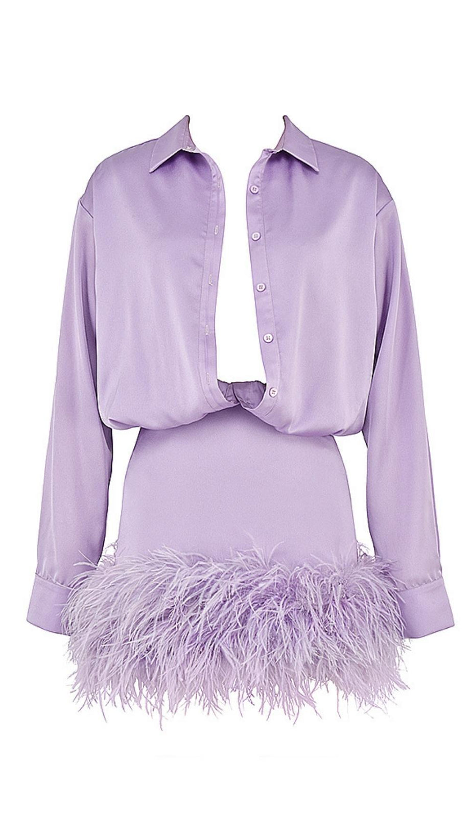 SATIN FEATHER SHIRT DRESS IN PURPLE