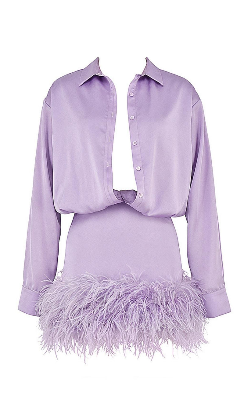 SATIN FEATHER SHIRT DRESS IN PURPLE