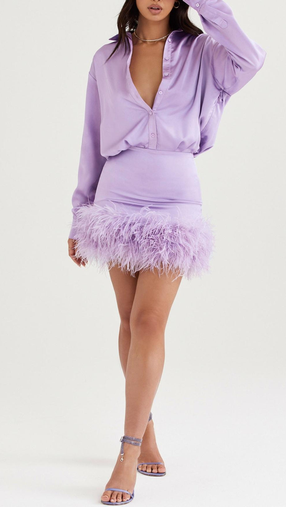 SATIN FEATHER SHIRT DRESS IN PURPLE