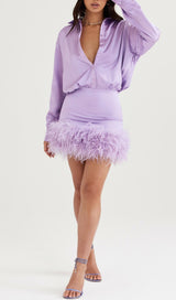 SATIN FEATHER SHIRT DRESS IN PURPLE