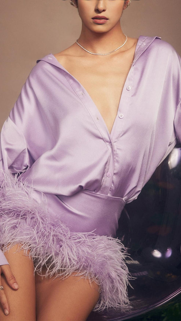 AIIZIE SATIN FEATHER SHIRT DRESS IN PURPLE - product image