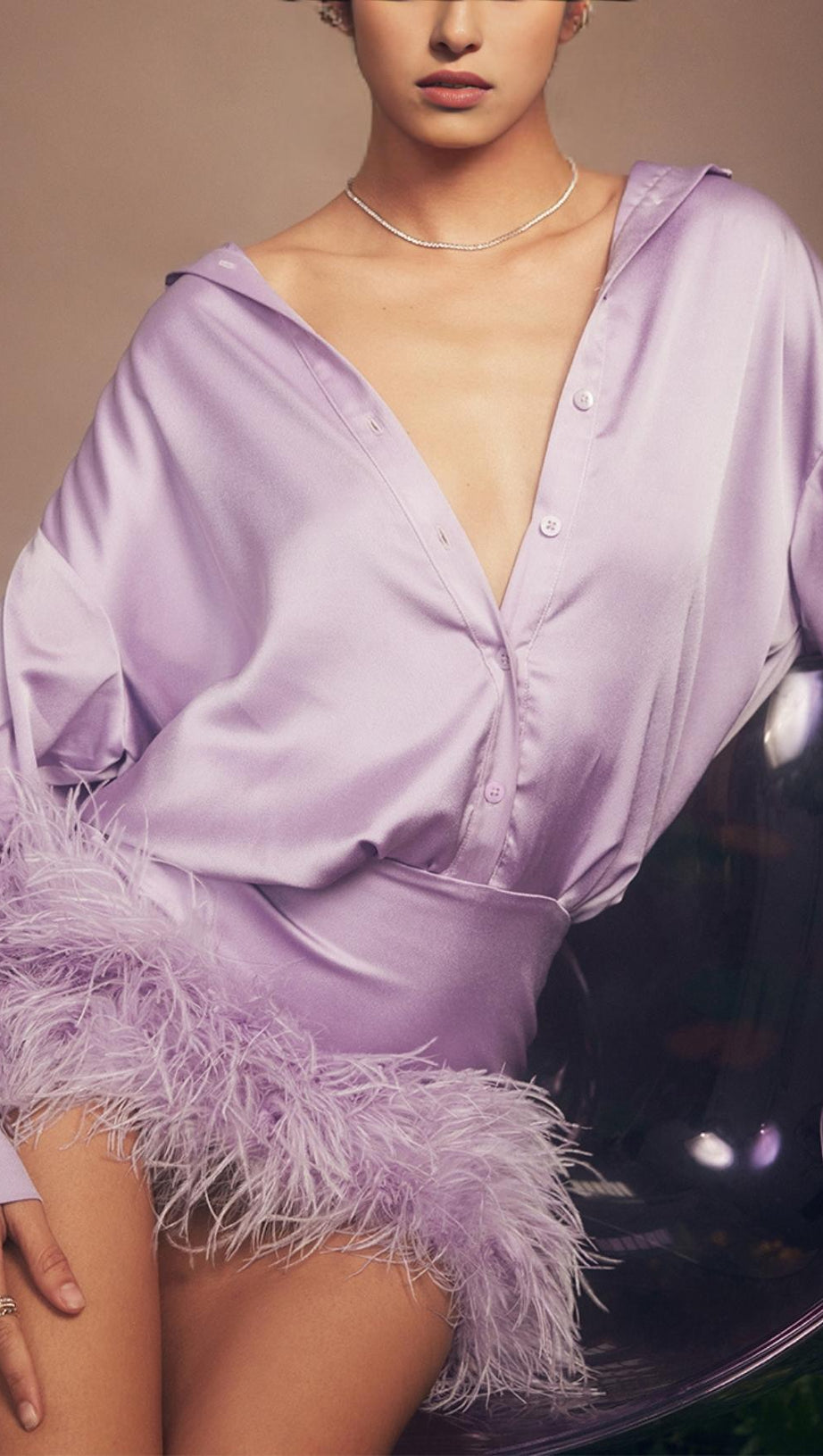 SATIN FEATHER SHIRT DRESS IN PURPLE