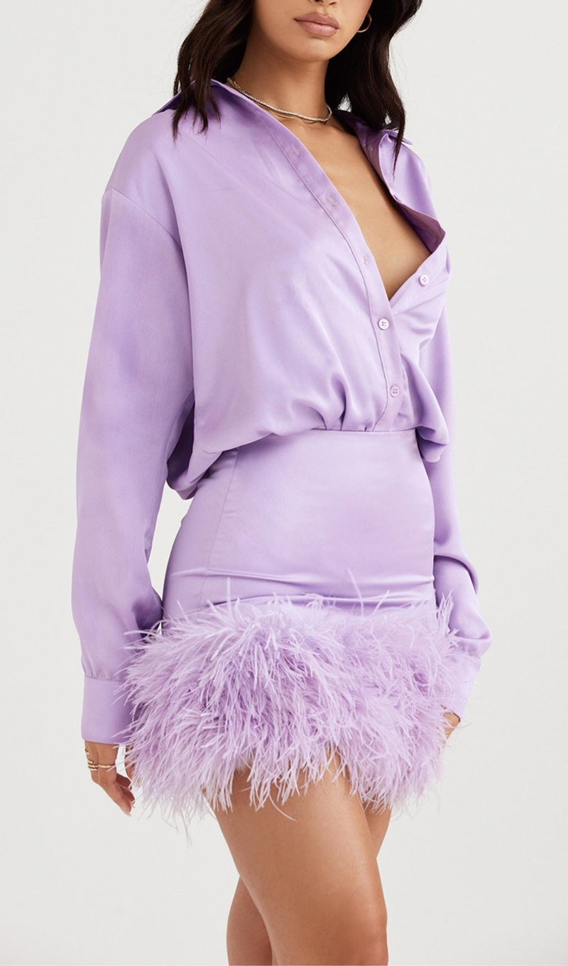 SATIN FEATHER SHIRT DRESS IN PURPLE