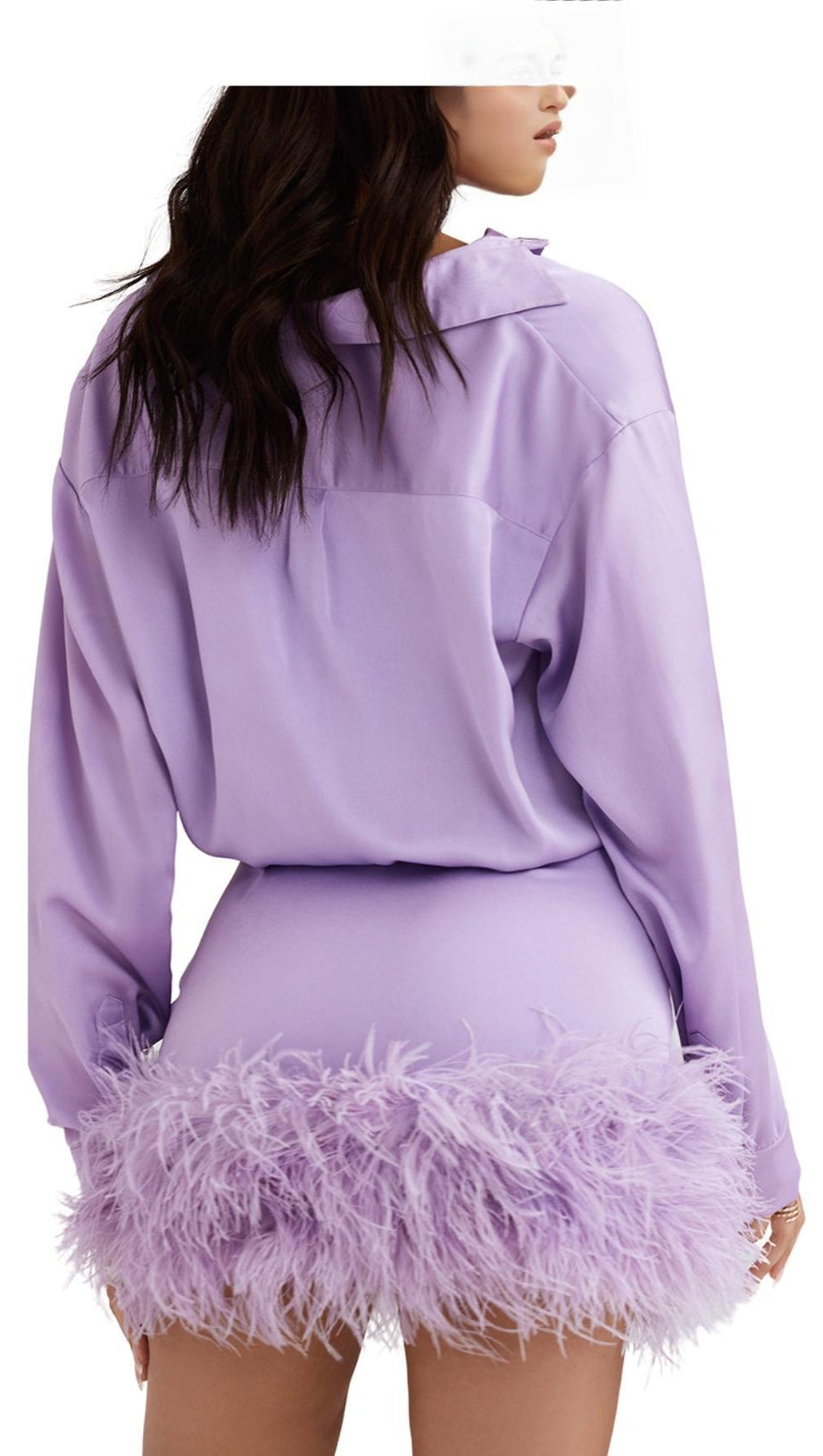 SATIN FEATHER SHIRT DRESS IN PURPLE