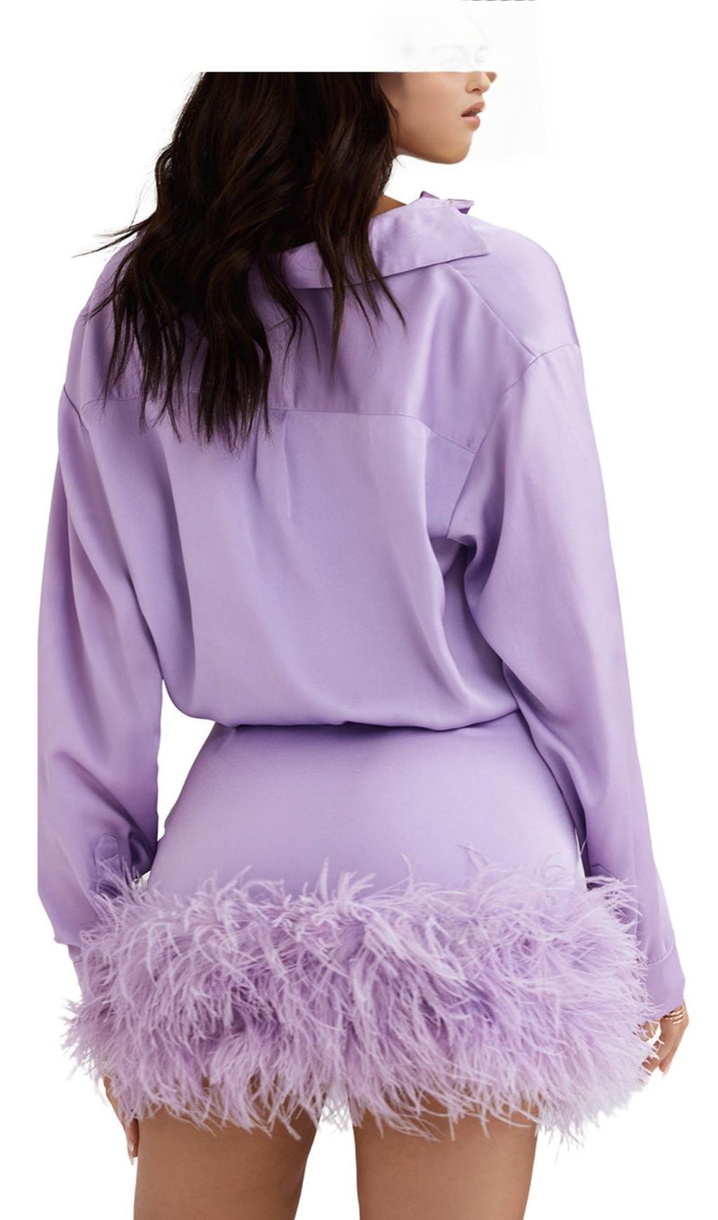 SATIN FEATHER SHIRT DRESS IN PURPLE