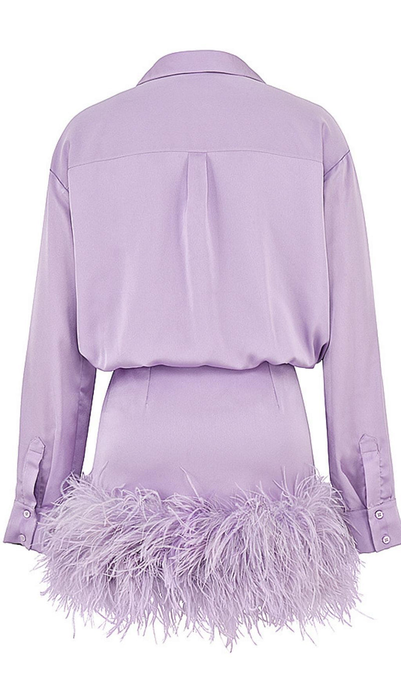 SATIN FEATHER SHIRT DRESS IN PURPLE