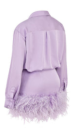 SATIN FEATHER SHIRT DRESS IN PURPLE