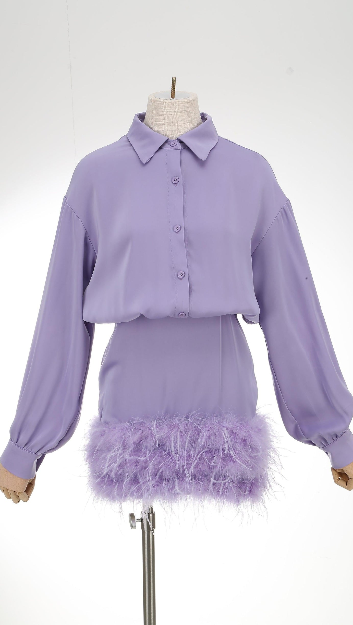SATIN FEATHER SHIRT DRESS IN PURPLE