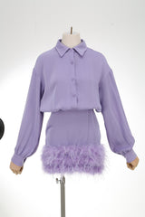 SATIN FEATHER SHIRT DRESS IN PURPLE