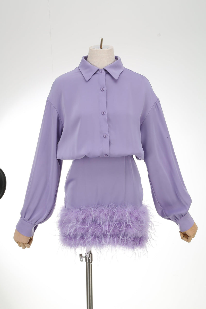 SATIN FEATHER SHIRT DRESS IN PURPLE