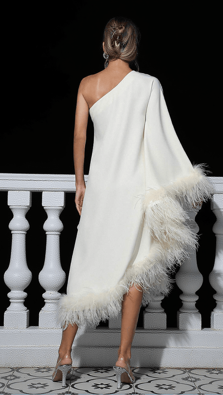 ABITO MIDI MONOSPALLA CON BORDI IN PIUME CERIDWEN BIANCO