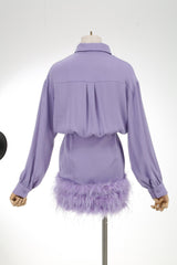 SATIN FEATHER SHIRT DRESS IN PURPLE