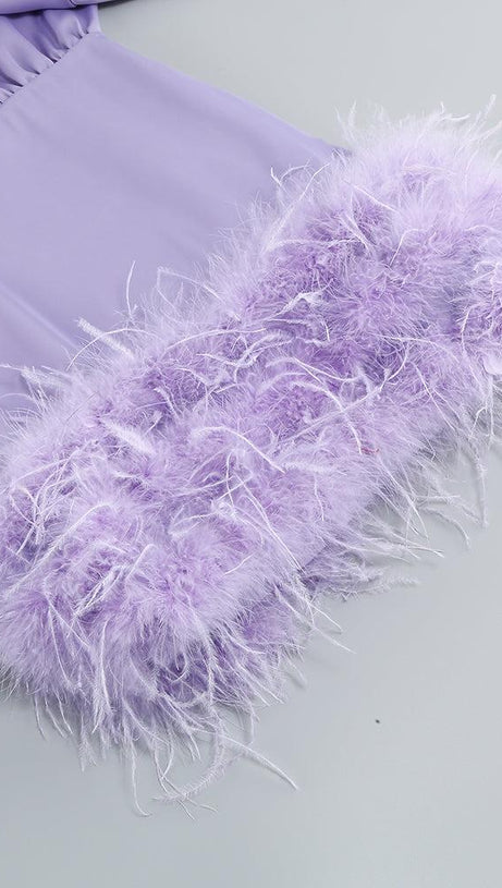 SATIN FEATHER SHIRT DRESS IN PURPLE
