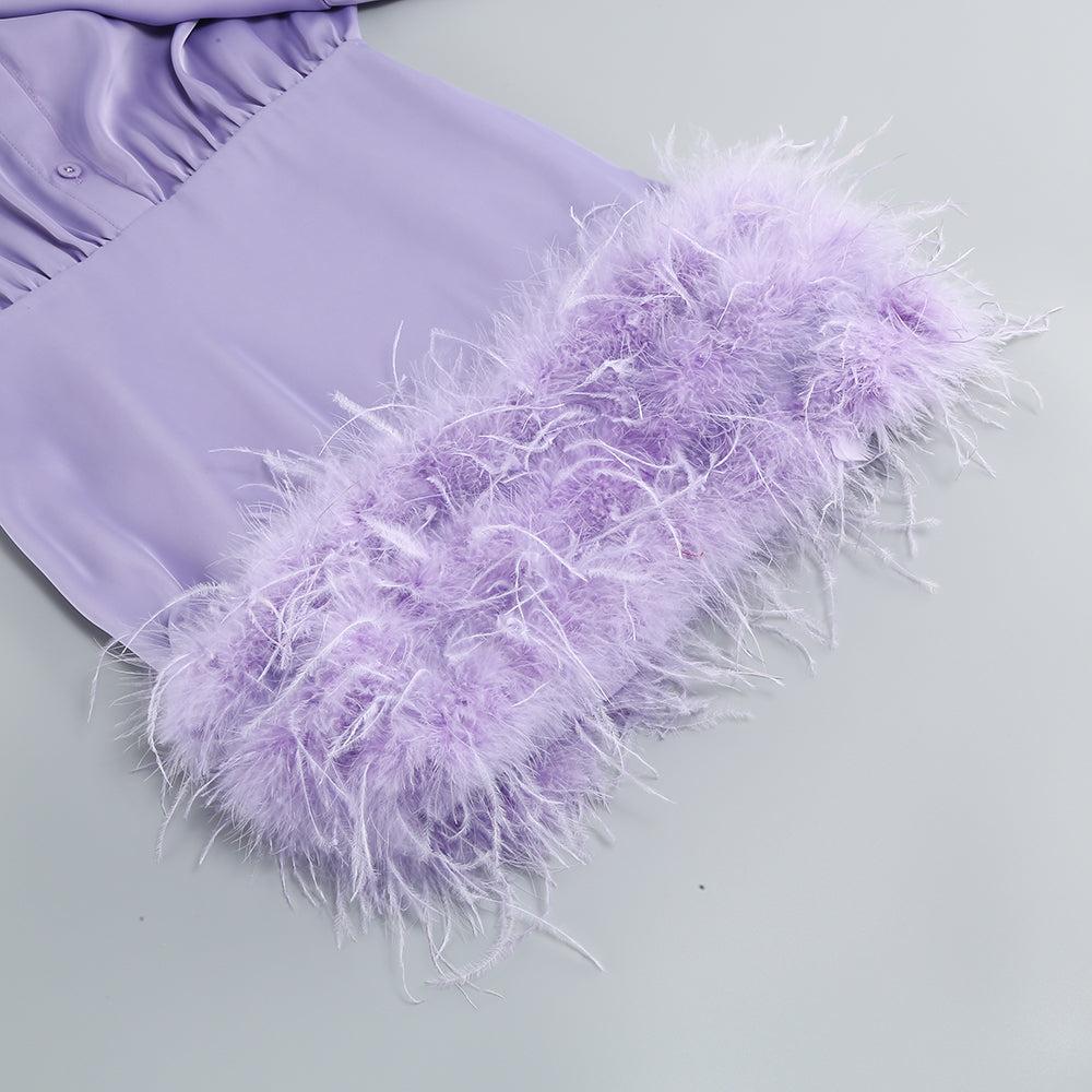Satin Feather Shirt Dress in Purple