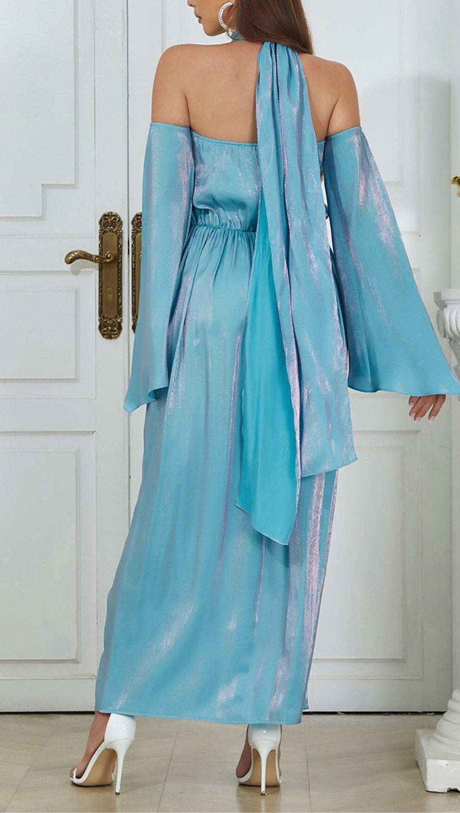 COLD SHOULDER RUMPET SLEEVE MIDI DRESS