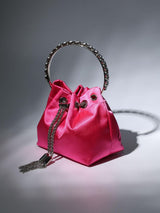 Mattea Satin Crystal Embellished Bucket Bag In Hot Pink