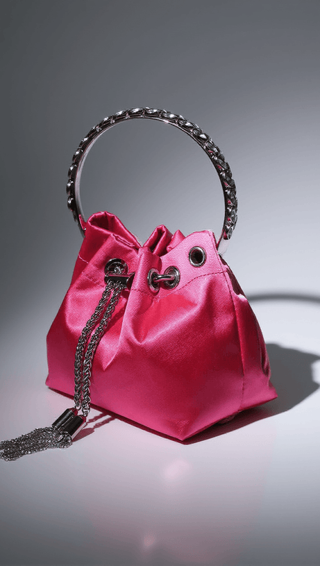 MATTEA SATIN CRYSTAL EMBELLISHED BUCKET BAG IN HOT PINK