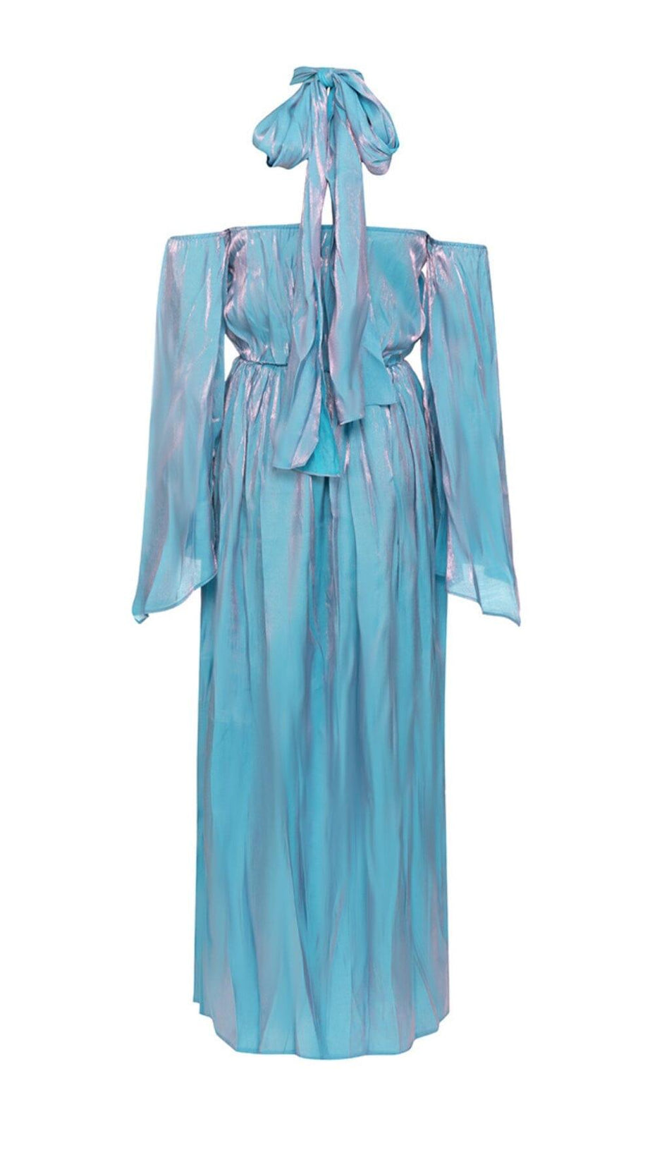 COLD SHOULDER RUMPET SLEEVE MIDI DRESS