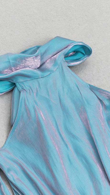 COLD SHOULDER RUMPET SLEEVE MIDI DRESS