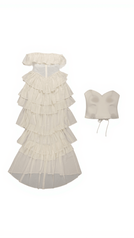 Trägerloses, gerüschtes Maxikleid aus Netzstoff „Katrina“