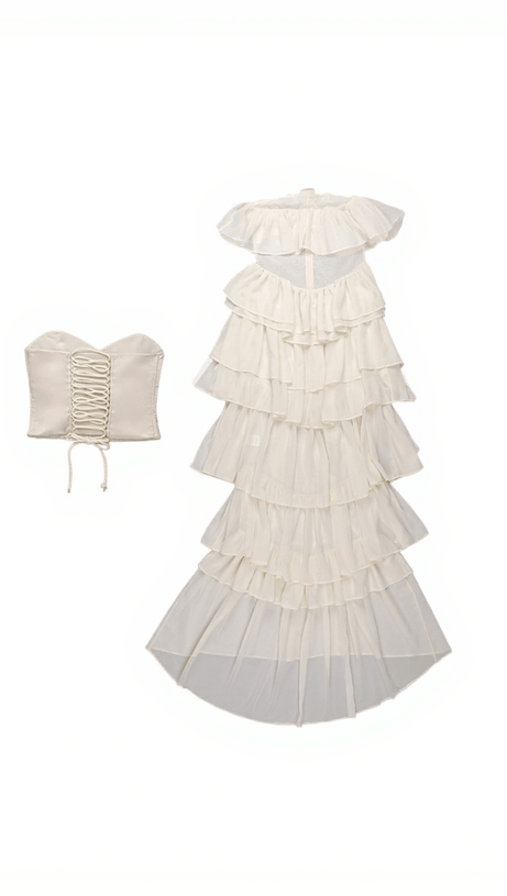 Trägerloses, gerüschtes Maxikleid aus Netzstoff „Katrina“