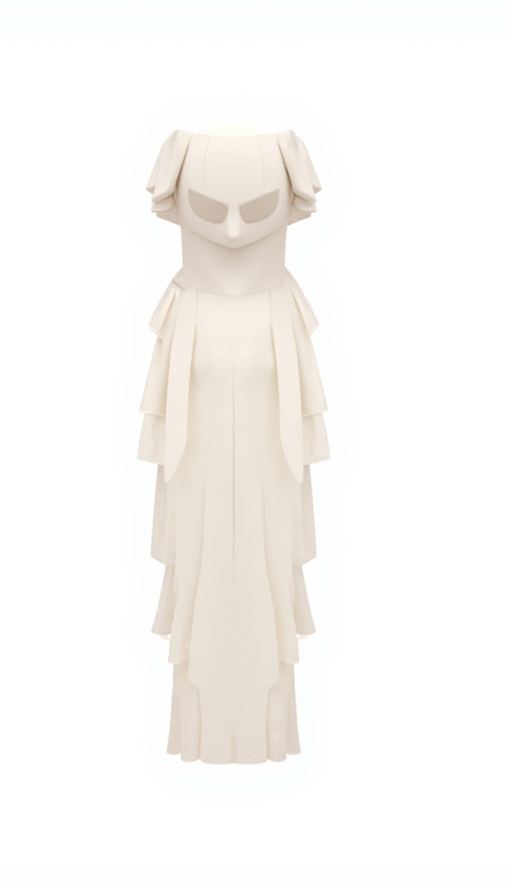 Trägerloses, gerüschtes Maxikleid aus Netzstoff „Katrina“