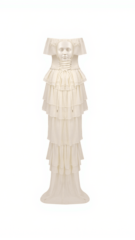 Trägerloses, gerüschtes Maxikleid aus Netzstoff „Katrina“