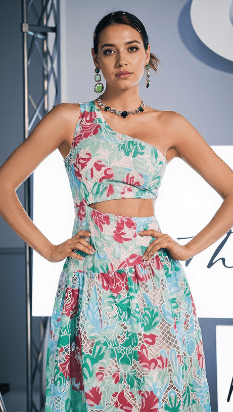 HABIB ONE SHOULDER PRINT EMBROIDERED DRESS