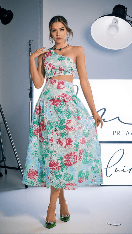 HABIB ONE SHOULDER PRINT EMBROIDERED DRESS