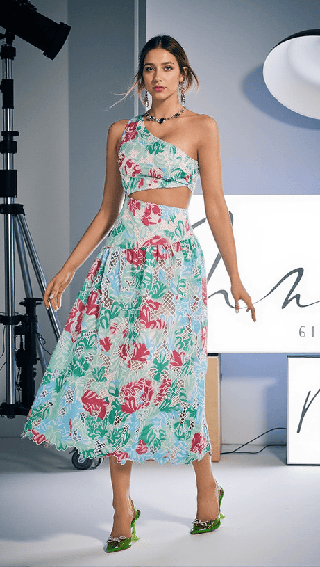 HABIB ONE SHOULDER PRINT EMBROIDERED DRESS