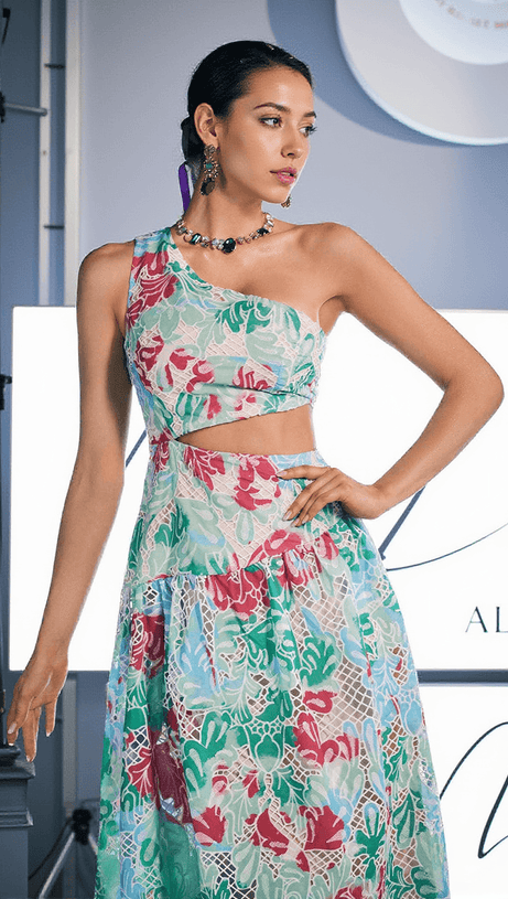 HABIB ONE SHOULDER PRINT EMBROIDERED DRESS