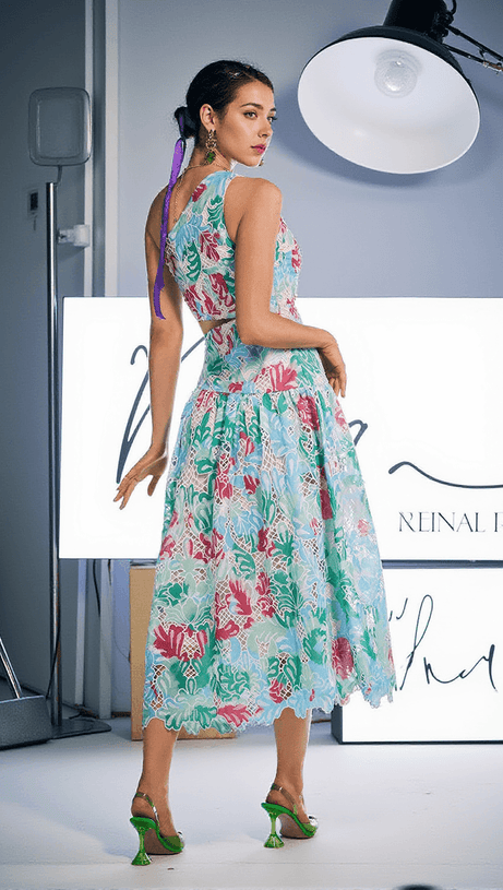 HABIB ONE SHOULDER PRINT EMBROIDERED DRESS