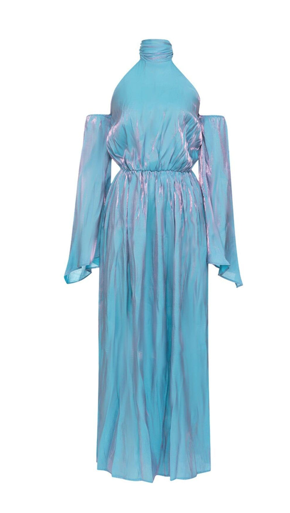COLD SHOULDER RUMPET SLEEVE MIDI DRESS