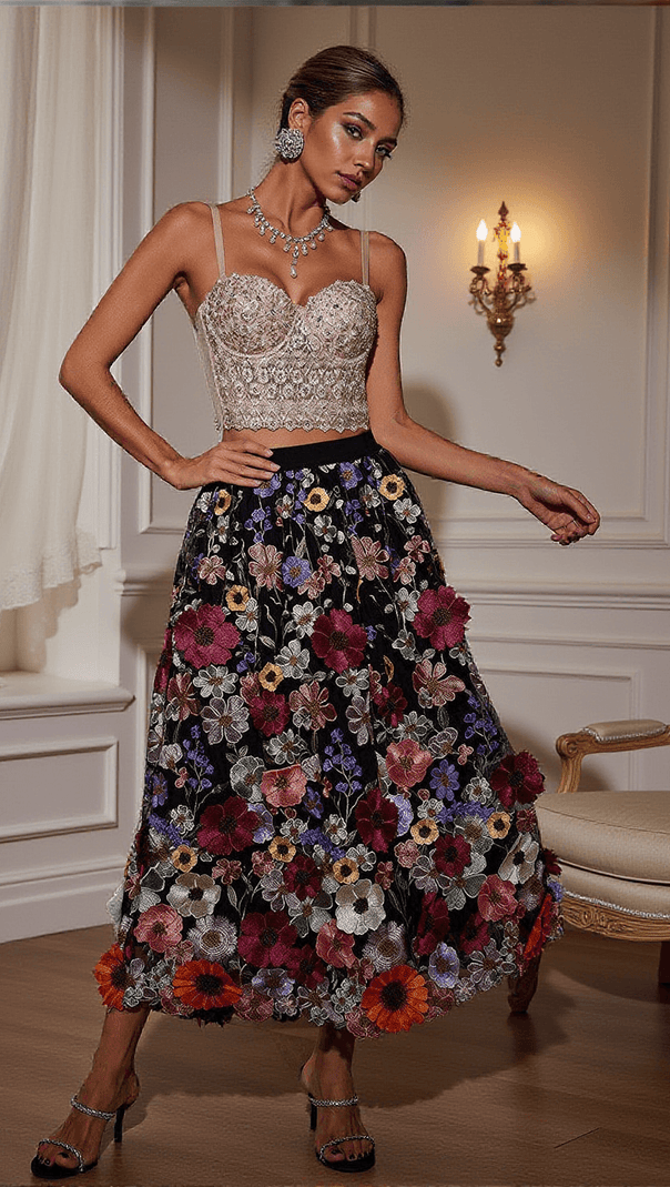 AIIZIE AMORY FLOWER EMBROIDERED SKIRT IN BLACK - product image