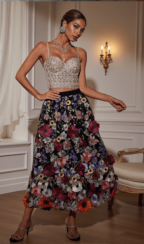 Amory Flower Embroidered Skirt In Black