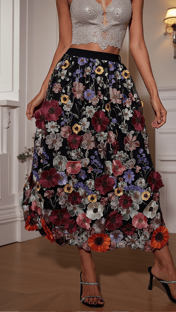 AIIZIE AMORY FLOWER EMBROIDERED SKIRT IN BLACK - product image