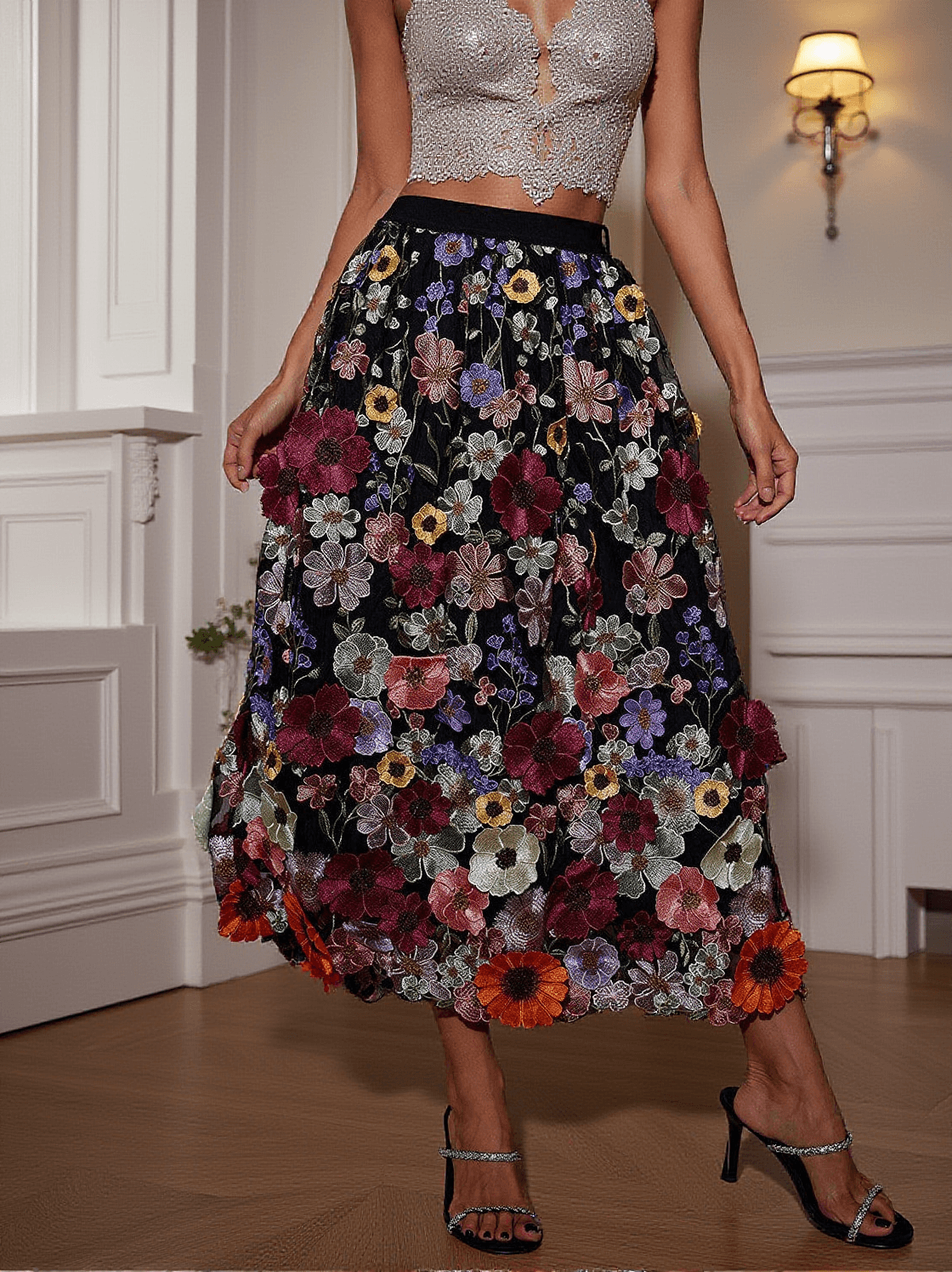 AMORY FLOWER EMBROIDERED SKIRT IN BLACK