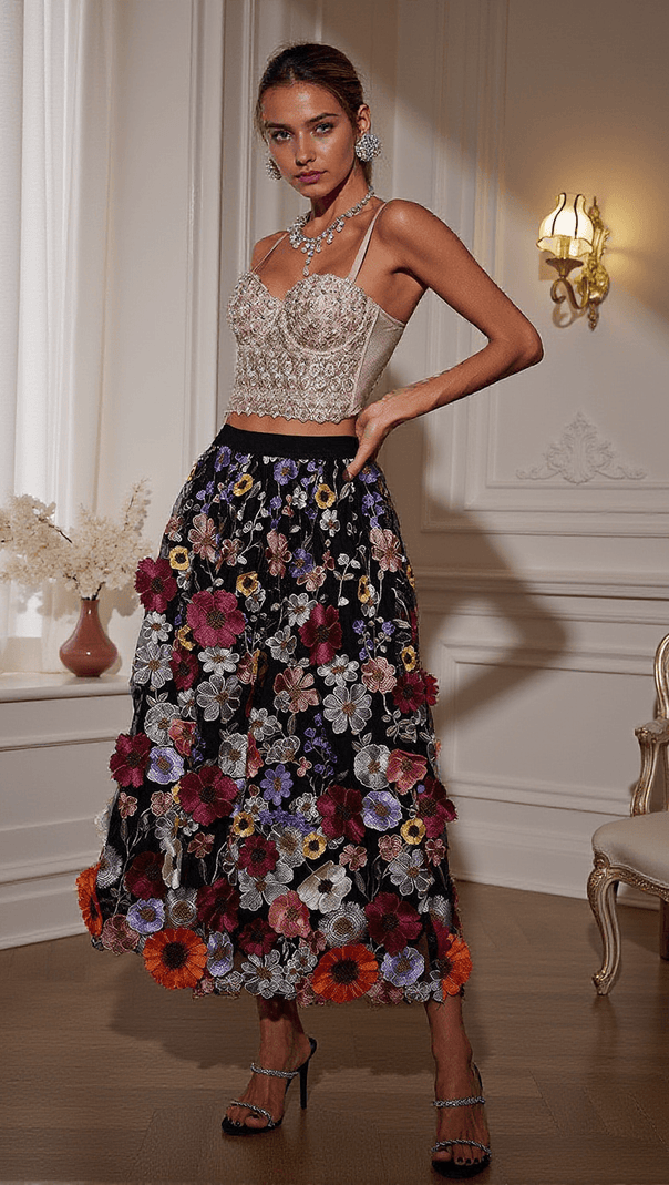 AIIZIE AMORY FLOWER EMBROIDERED SKIRT IN BLACK - product image