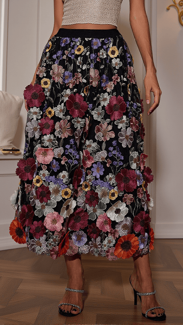 AIIZIE AMORY FLOWER EMBROIDERED SKIRT IN BLACK - product image