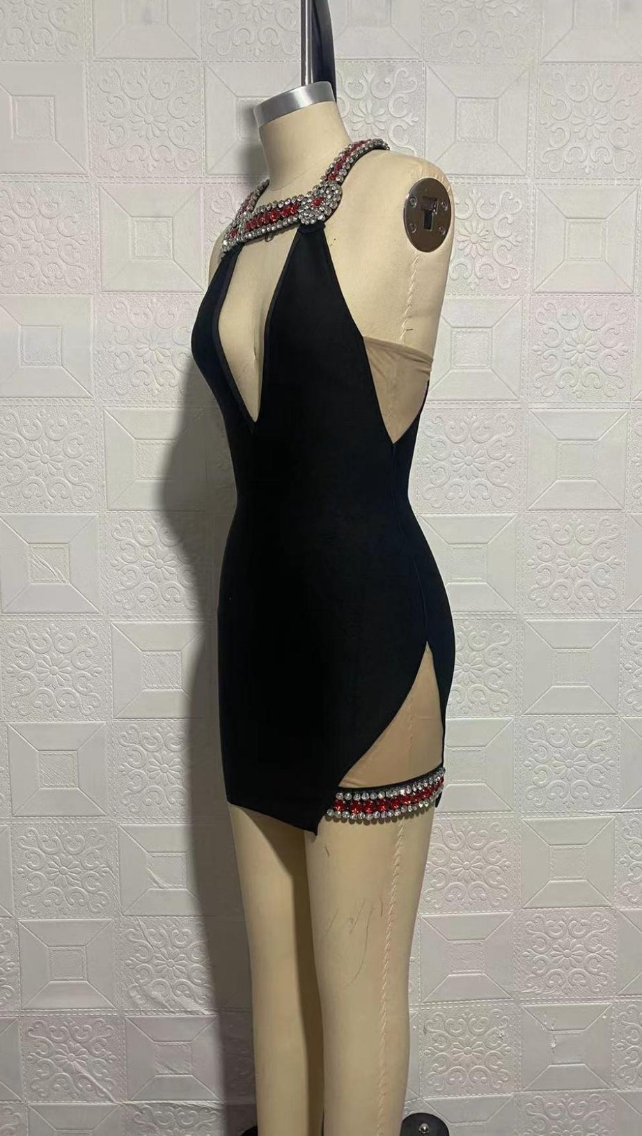 CRYSTAL DEEP V BANDAGE MINI DRESS