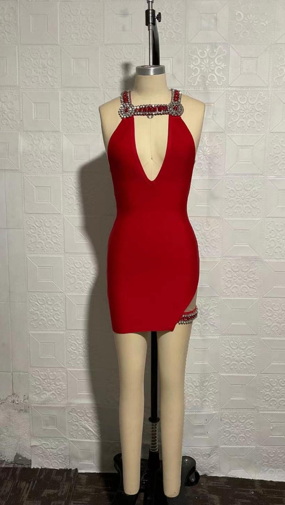 CRYSTAL DEEP V BANDAGE MINI DRESS
