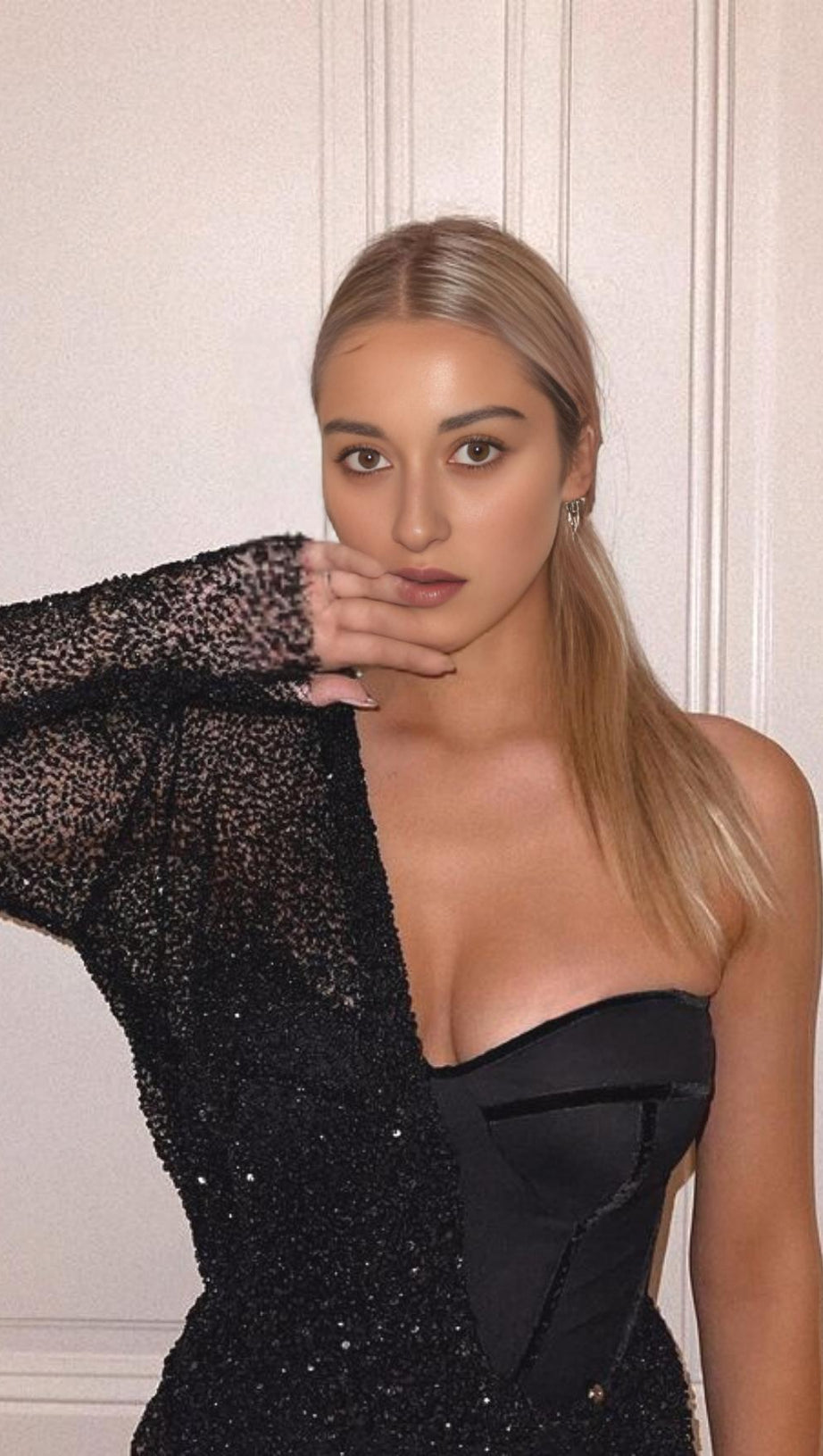 ASYMMETRIC SEQUIN RUCHED MINI DRESS IN BLACK