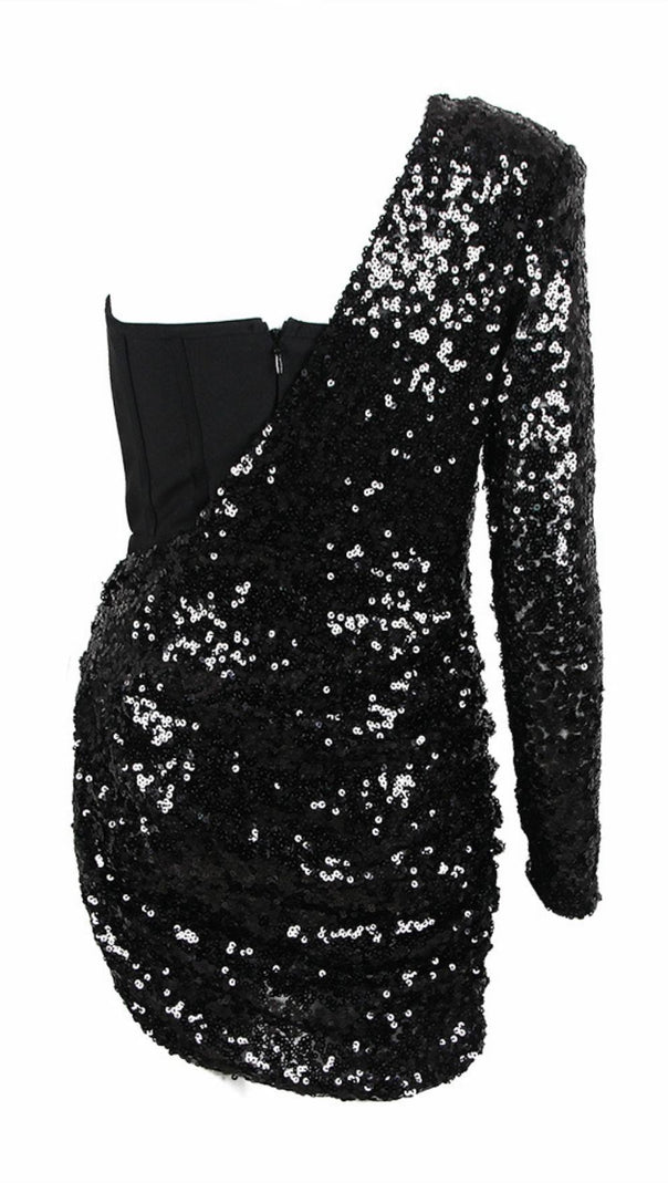 AIIZIE ASYMMETRIC SEQUIN RUCHED MINI DRESS IN BLACK - product image