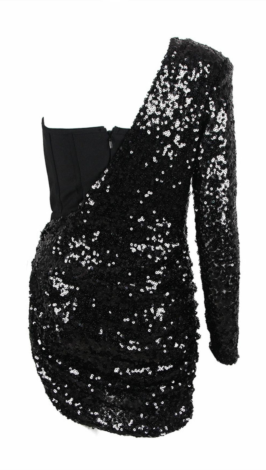 ASYMMETRIC SEQUIN RUCHED MINI DRESS IN BLACK