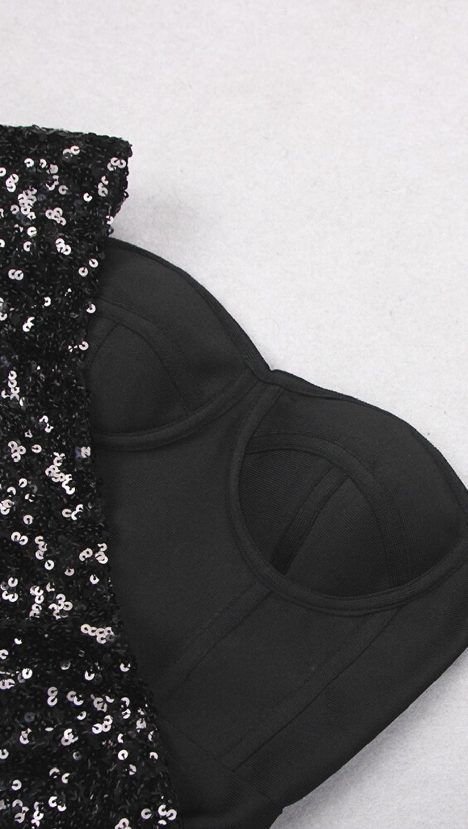 ASYMMETRIC SEQUIN RUCHED MINI DRESS IN BLACK