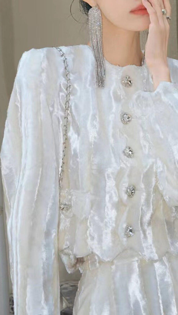 AIIZIE VELVET RHINESTONE BUCKLE WHITE SUITS DIAMOND MINI TWO-PIECE - product image