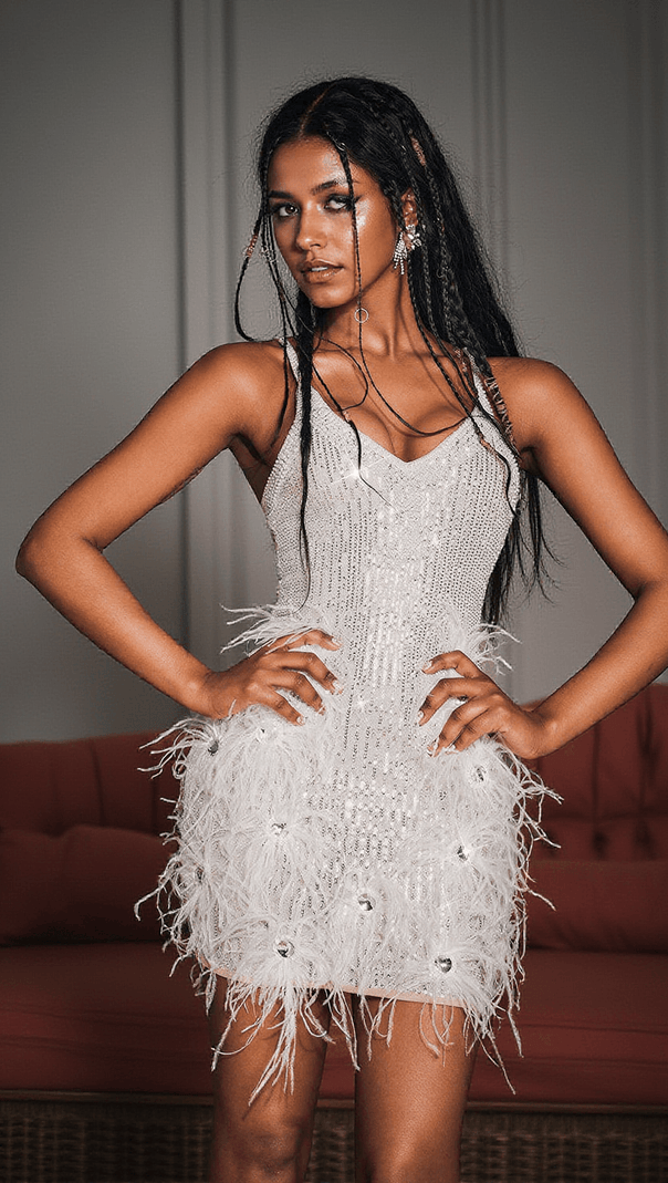 AIIZIE BRONTE PEARL SEQUIN FEATHER MINI DRESS - product image
