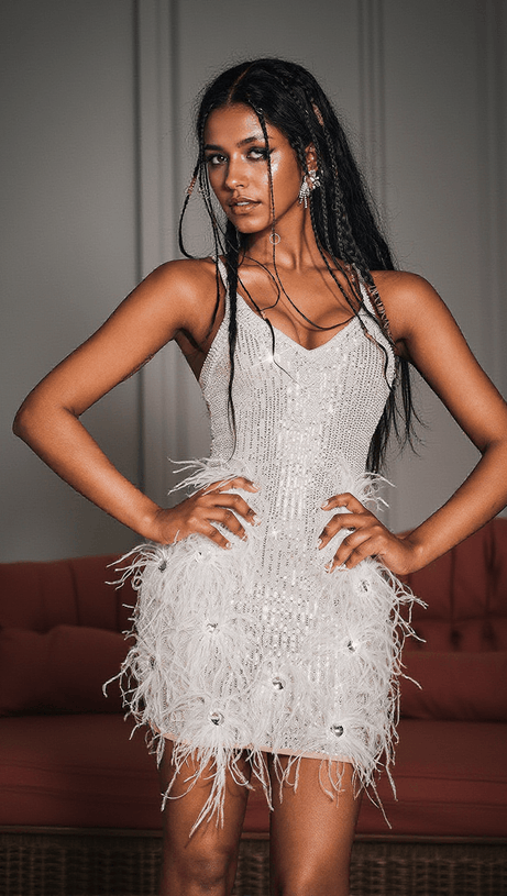 Bronte Minikleid mit Perlen-Pailletten-Feder