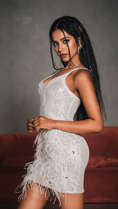 Bronte Minikleid mit Perlen-Pailletten-Feder